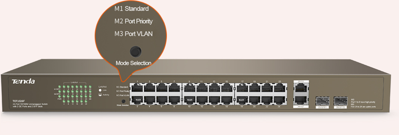 Switch Tenda 24 Portas 10/100 Mbps Fast Ethernet com 2 Portas Gigabit +2SFP  - TEF1026F